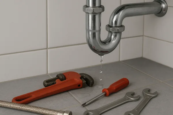 A sink water leak and plumbing tools on the floor from Dallas TX Plumbing in Dallas, TX - Commercial plumbing services