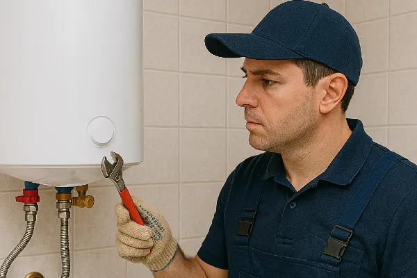 A male plumber working on a water heater hanging from the wall from Dallas TX Plumbing in Dallas, TX - Faucet Installation Services
