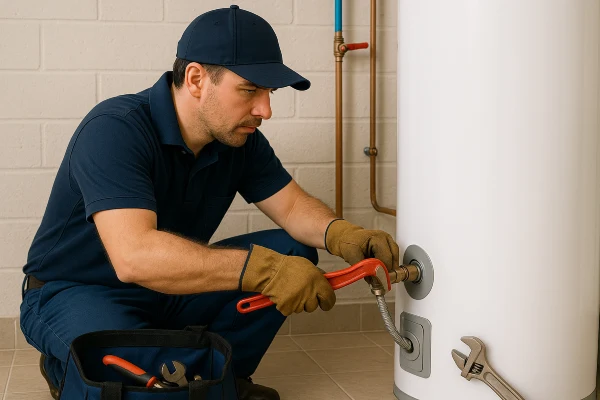 A male plumber working on a water heater connection from Dallas TX Plumbing in Dallas, TX - Faucet Installation Services