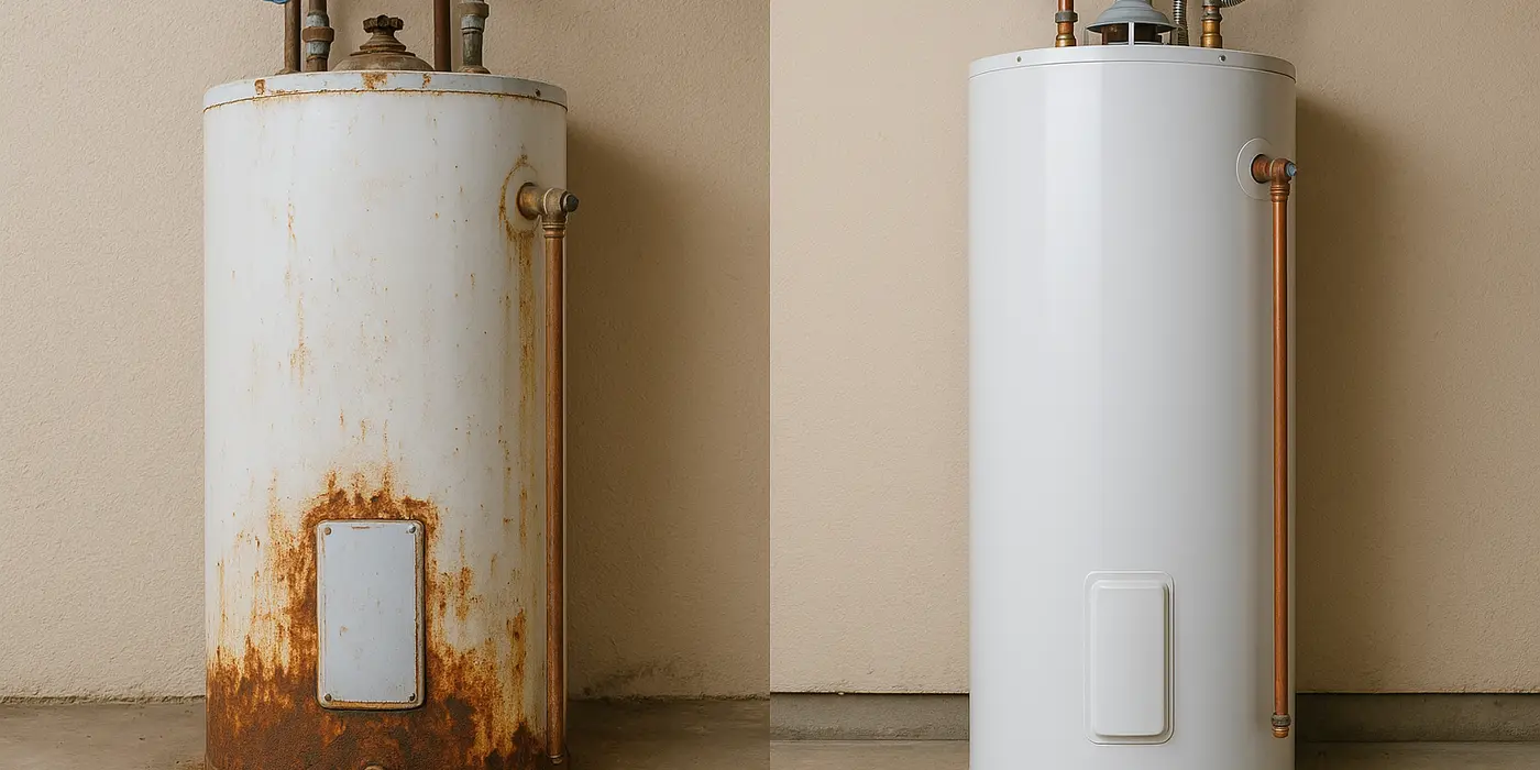 One rusted water heater next to a brand new water heater from Dallas TX Plumbing in Garland, TX - Garland TX
