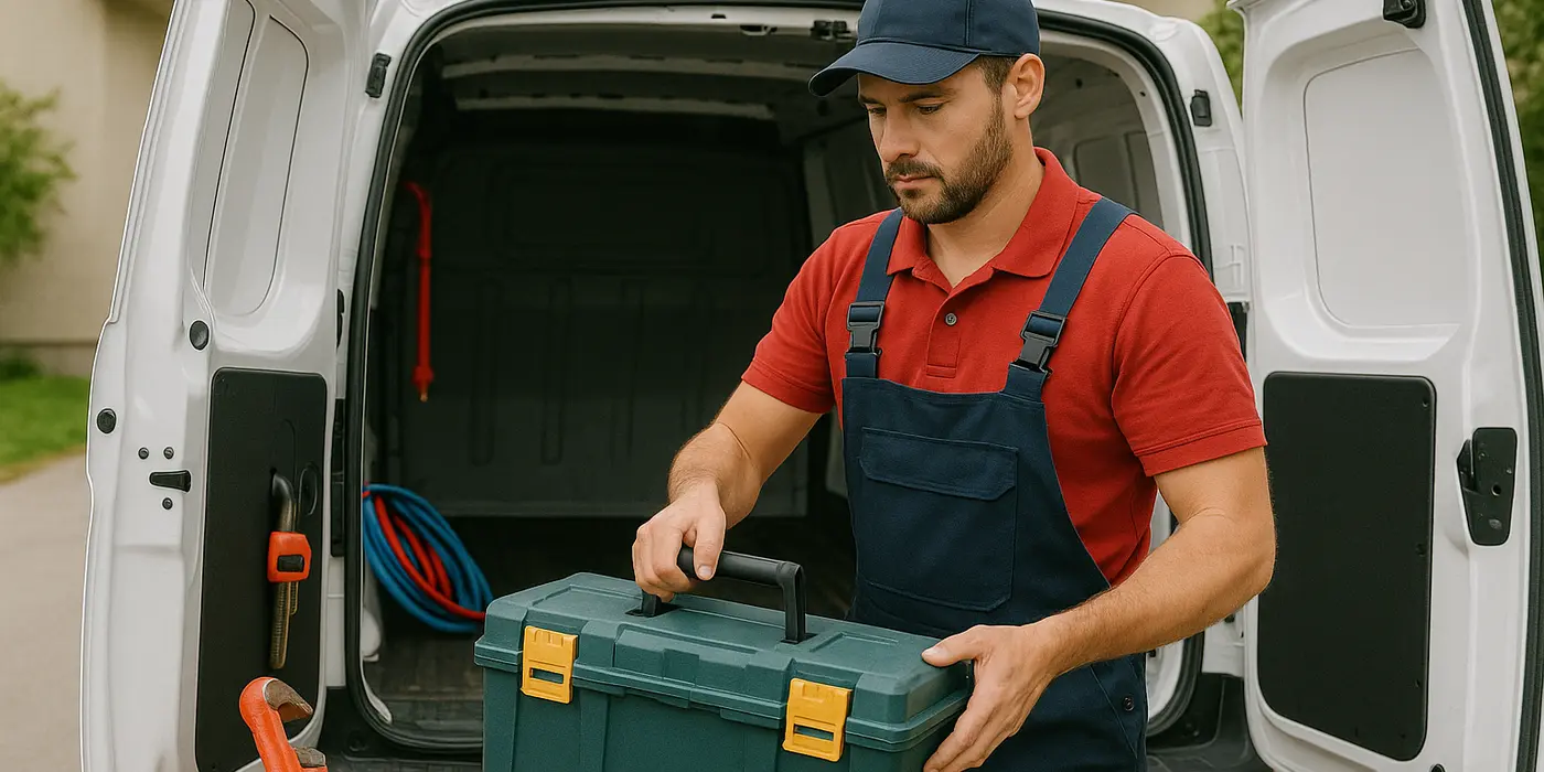 A plumbing technician putting his tool box back in his van from Dallas TX Plumbing in Plano, TX - Plano TX