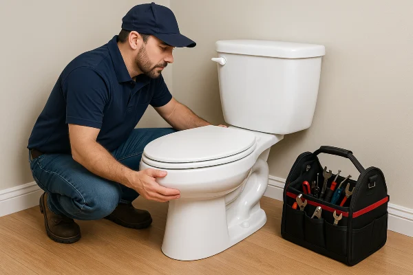 A plumber checking a toilet from Dallas TX Plumbing in Plano, TX - Plano TX