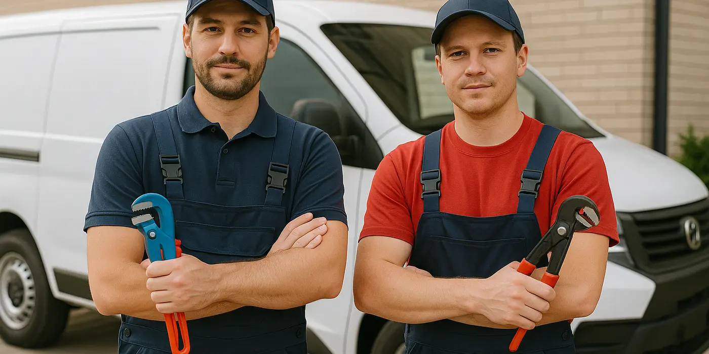 2 male plumbers looking at the camera from Dallas TX Plumbing in Dallas, TX - Plumbing pipe redesign services