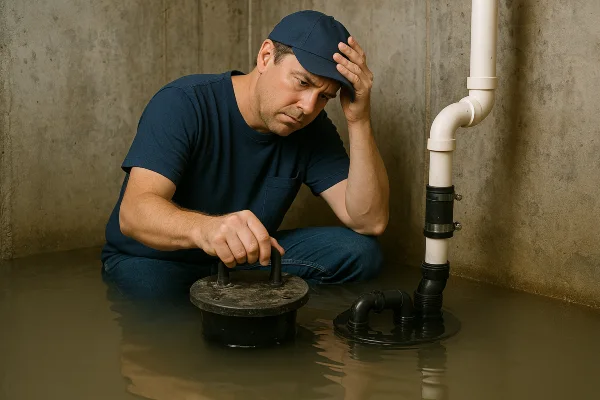 A worried plumber in a flooded room from Dallas TX Plumbing in Dallas, TX - Plumbing pipe redesign services