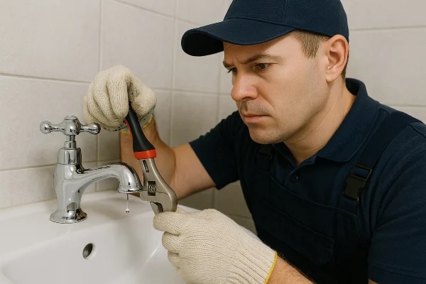 A plumbing technician using a tool to fix a water faucet from Dallas TX Plumbing in Dallas, TX - Plumbing pipe redesign services