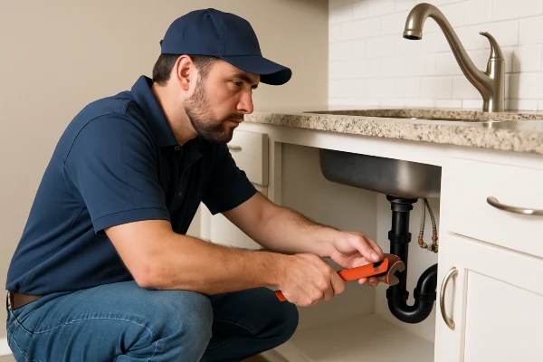 A male plumber checking a kitchen sink pipe connection from Dallas TX Plumbing in Dallas, TX - Plumbing pipe redesign services