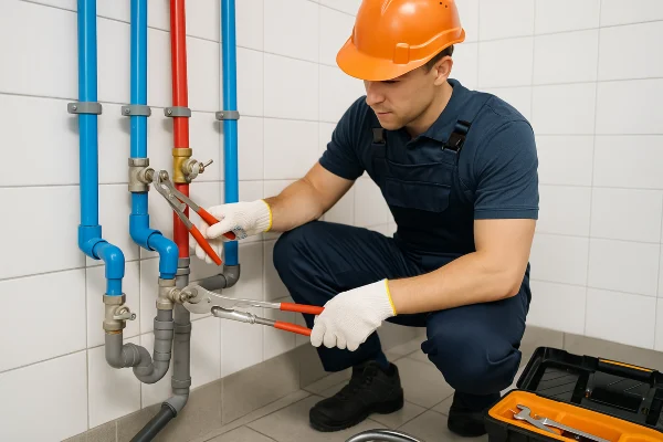 A plumber working on commercial pipe connections from Dallas TX Plumbing in Dallas, TX - Slab Leak Detection in Dallas, TX