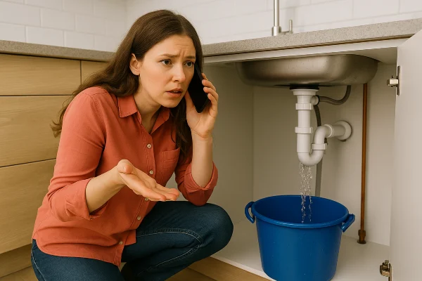 A woman on the phone with a water leak problem underneath the kitchen sink from Dallas TX Plumbing in Dallas, TX - Toilet Replacement Services