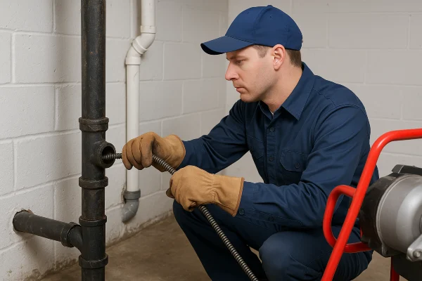 A plumber using a snake to clear a plumbing pipe from Dallas TX Plumbing in Dallas, TX - Toilet Replacement Services